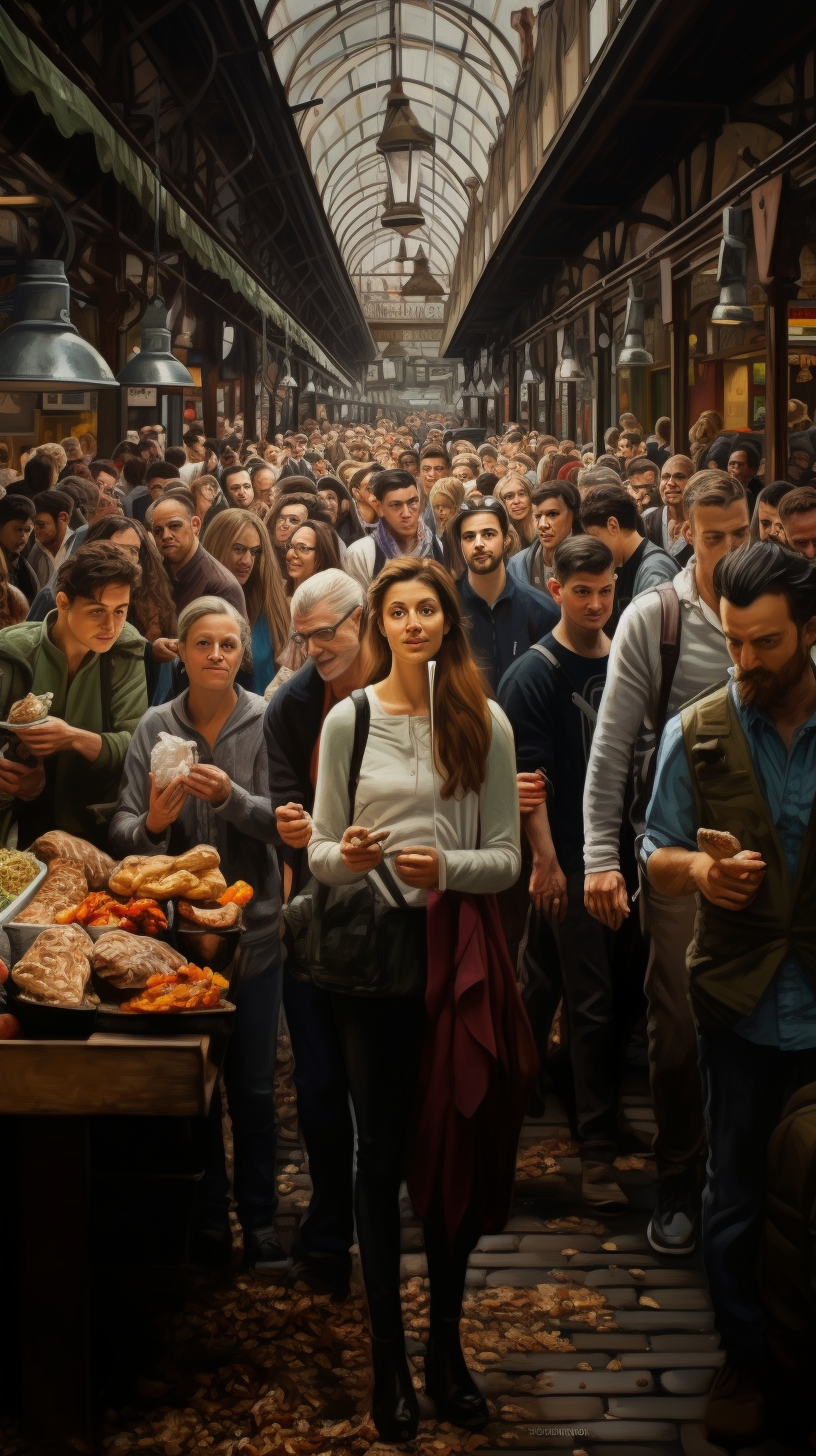 Busy market stall with long queue