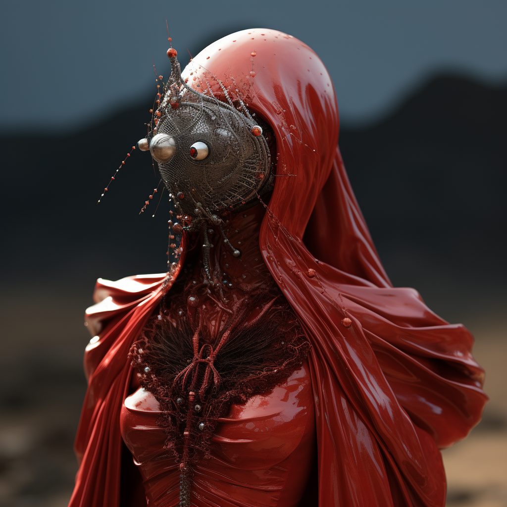 Cinematic mars alien bird with foil cloak and coral garments