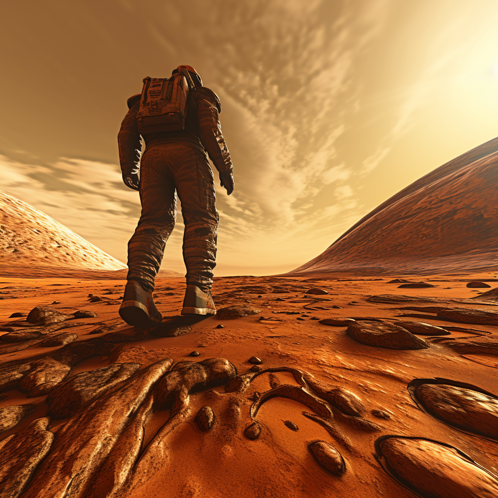 First Person Stepping Foot on Mars with Alien Shadow