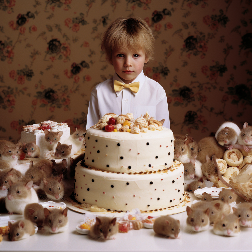 Boy near cake made with real mice