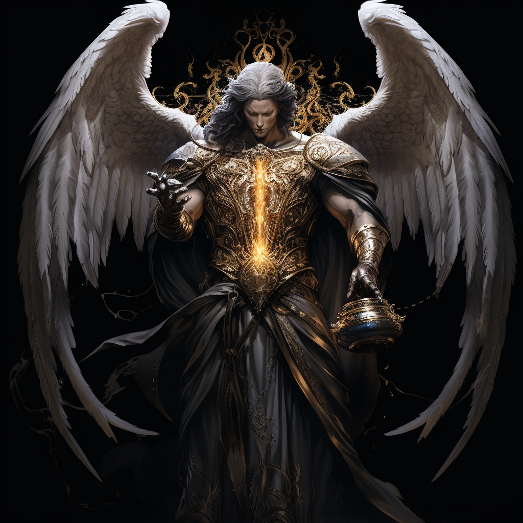 Masculine angel pouring liquid between grails