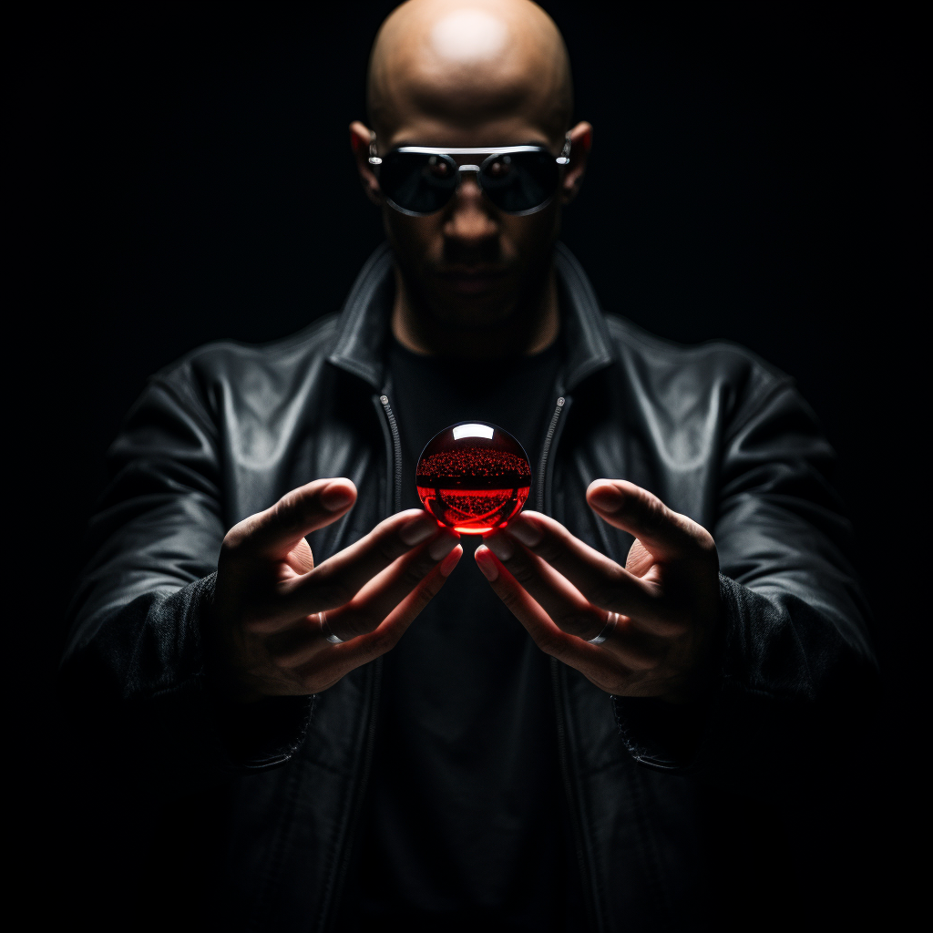 Morpheus holding red and blue pills