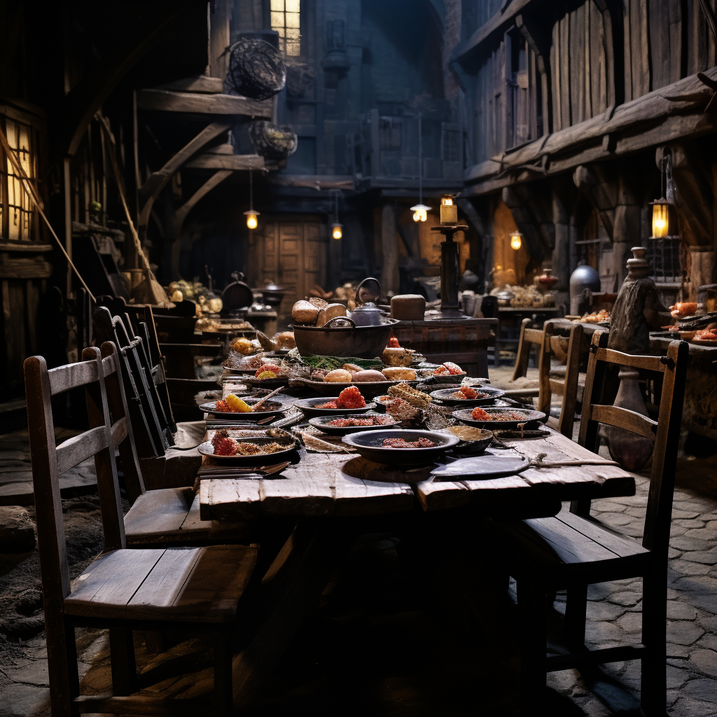 Medieval dinner table with food and chairs