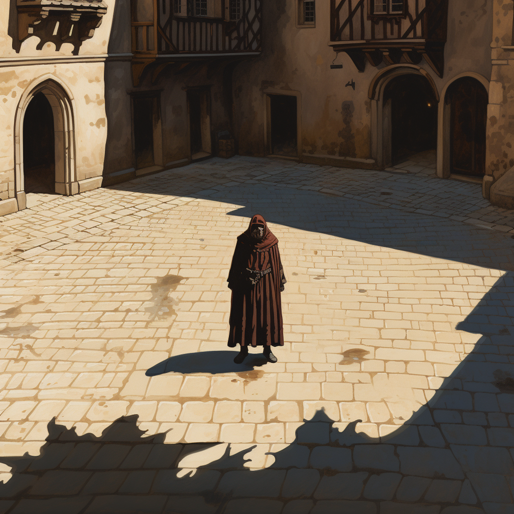 Medieval person happy in square with shadow