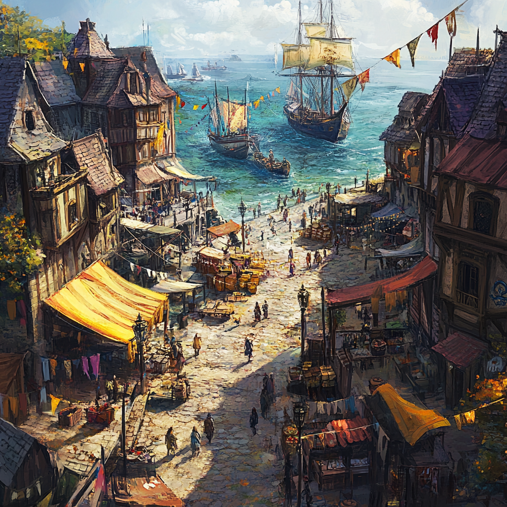 Small medieval port town fantasy art