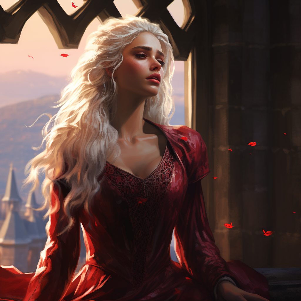 Young medieval queen Targaryen crying in pain