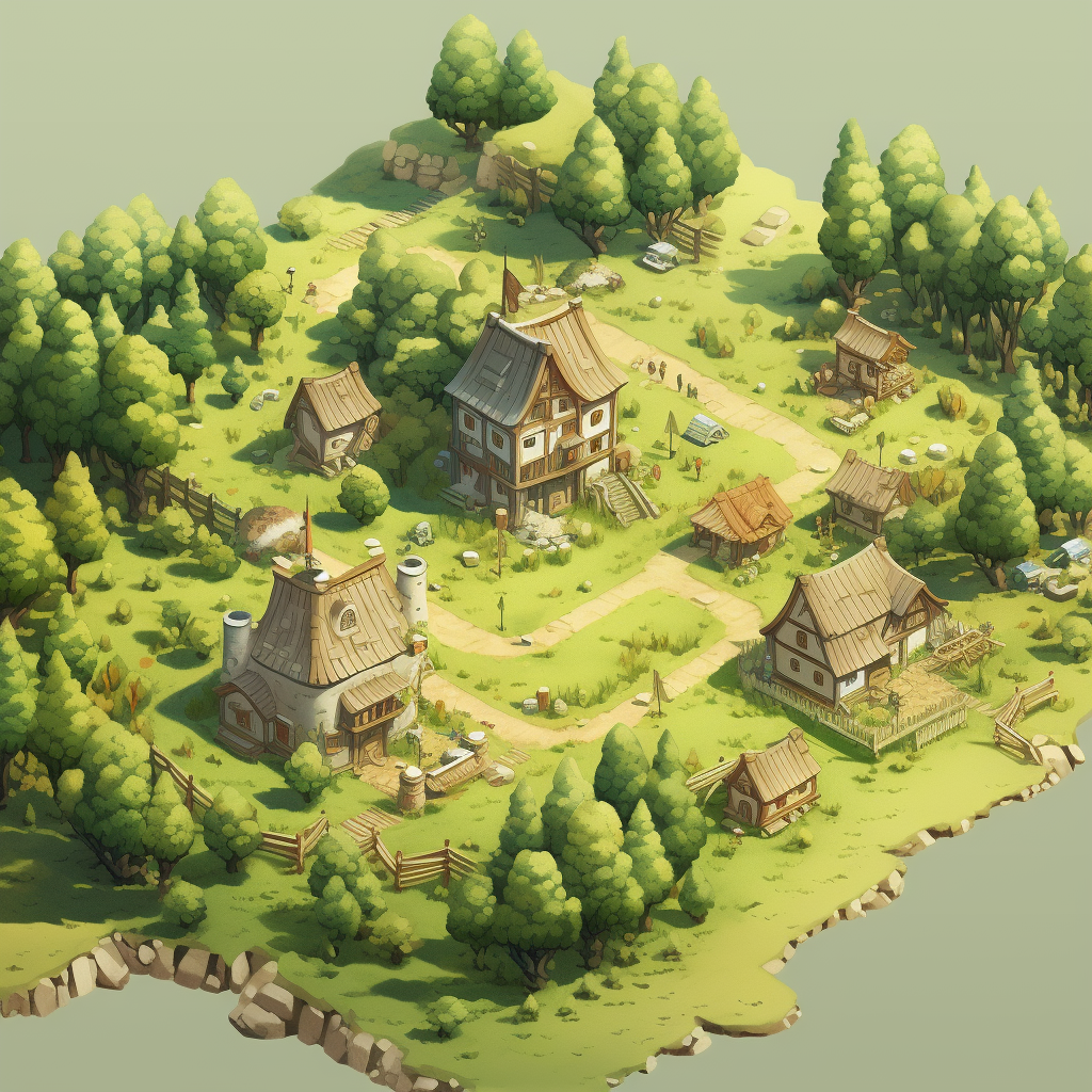 Isometric view of charming medieval settlement