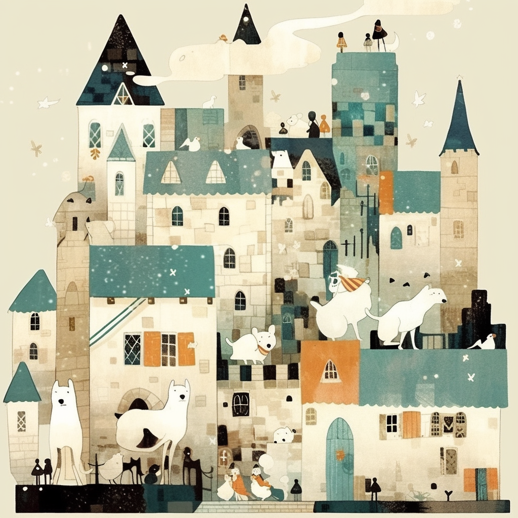 Medieval town covered in snow with minimalistic design