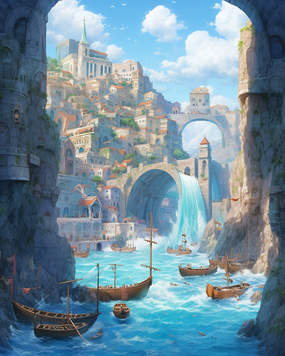 medieval port town illustration