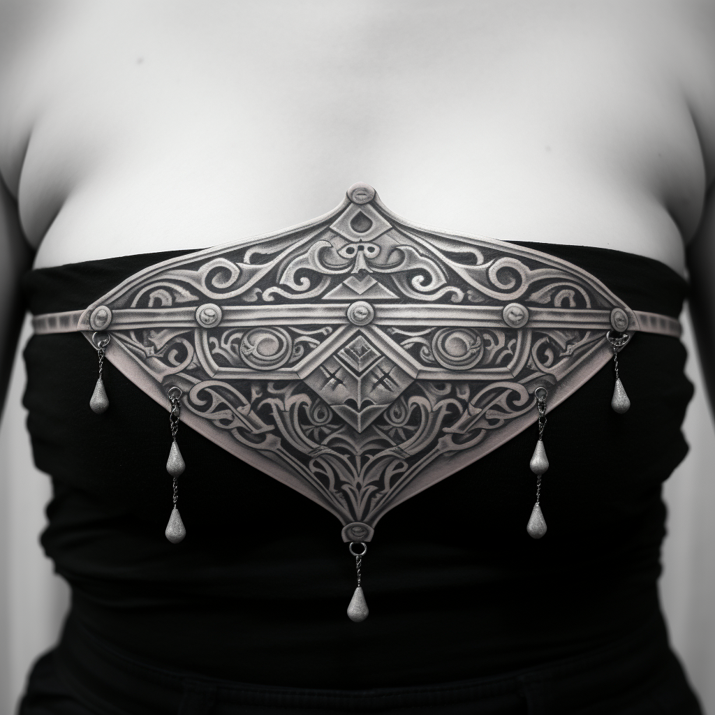 Concise ALT text for the image:  Black and white medieval banner scroll tattoo