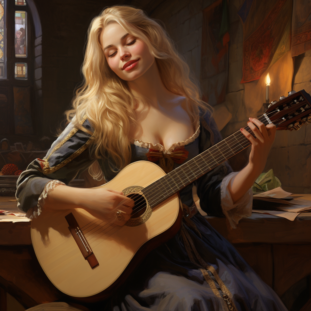 Blonde female medieval bard playing lute