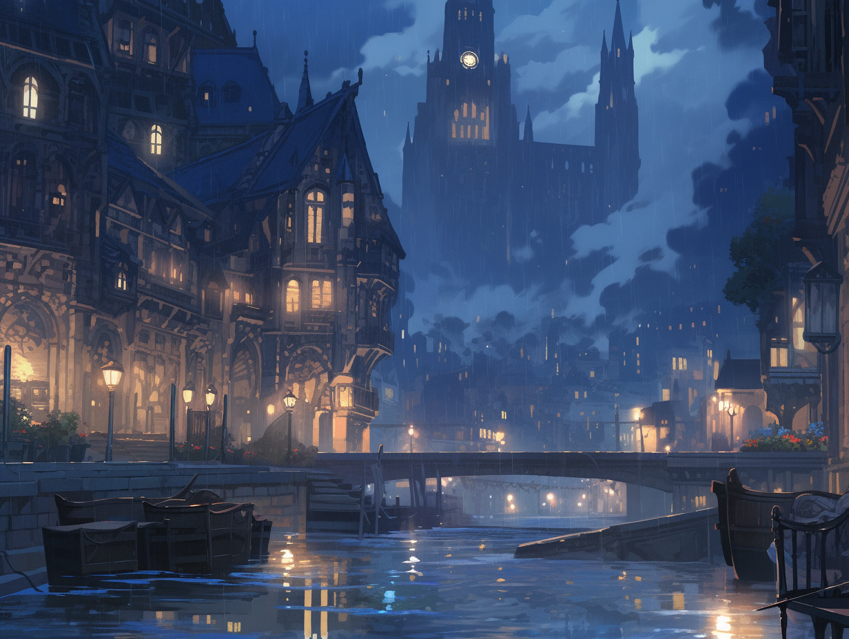 Nighttime gothic streets in a medieval city