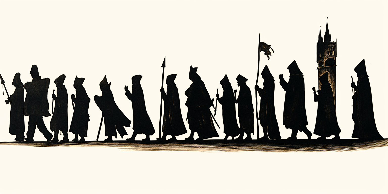 Silhouette of medieval pilgrim procession