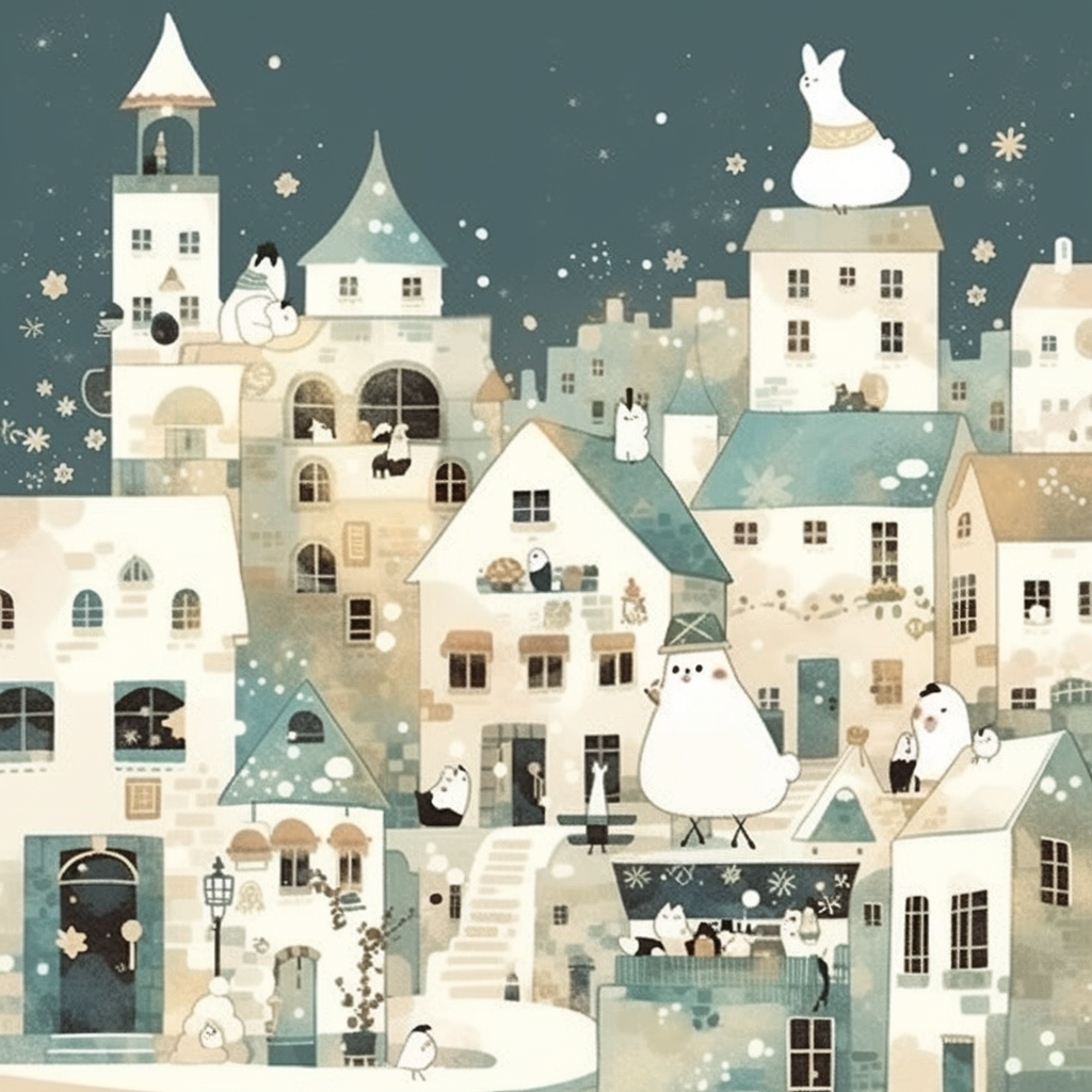 Illustration of a snowy medieval town