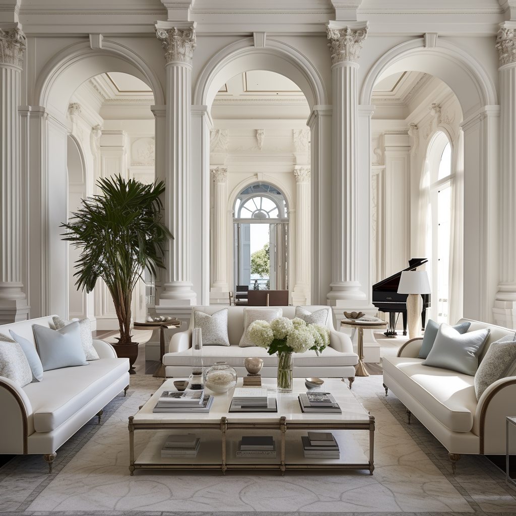 Mediterranean living room with neoclassical architecture