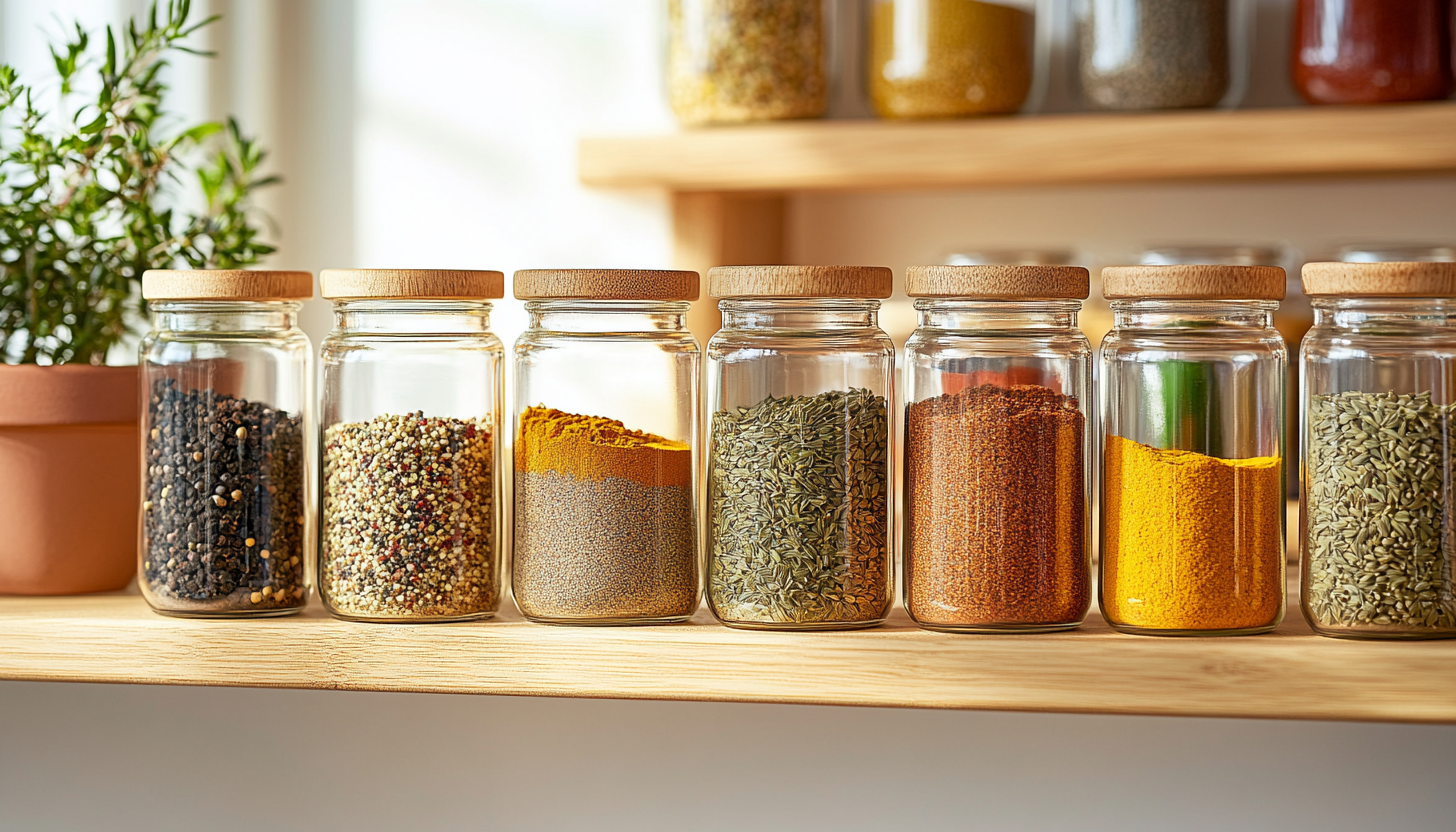 Colorful spices in glass jars