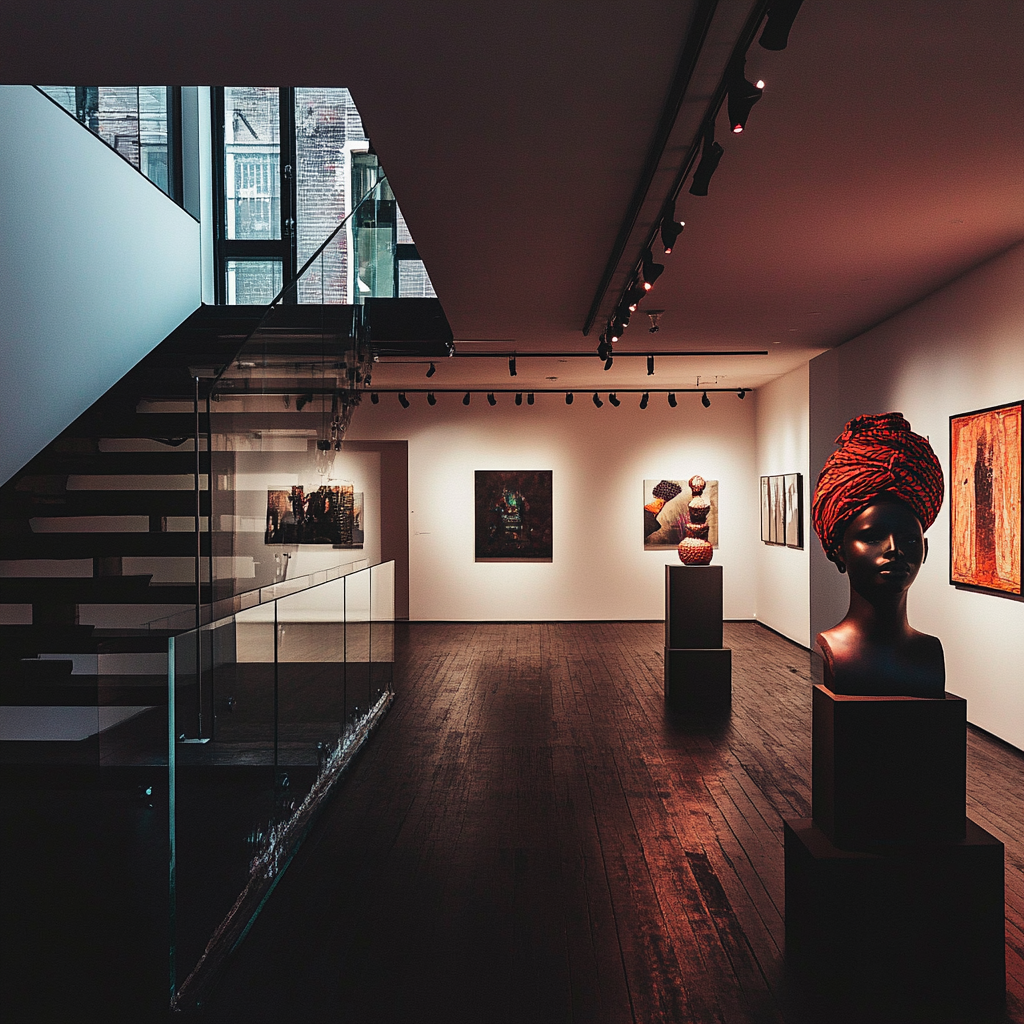 modern gallery with afro-asian art, dj, fashion, clay structures