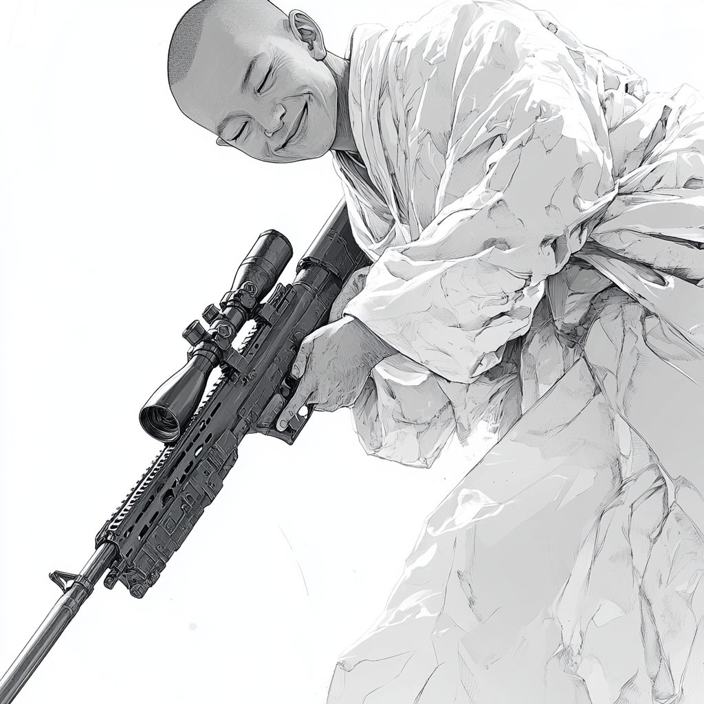 Monk with Rifle on White Background