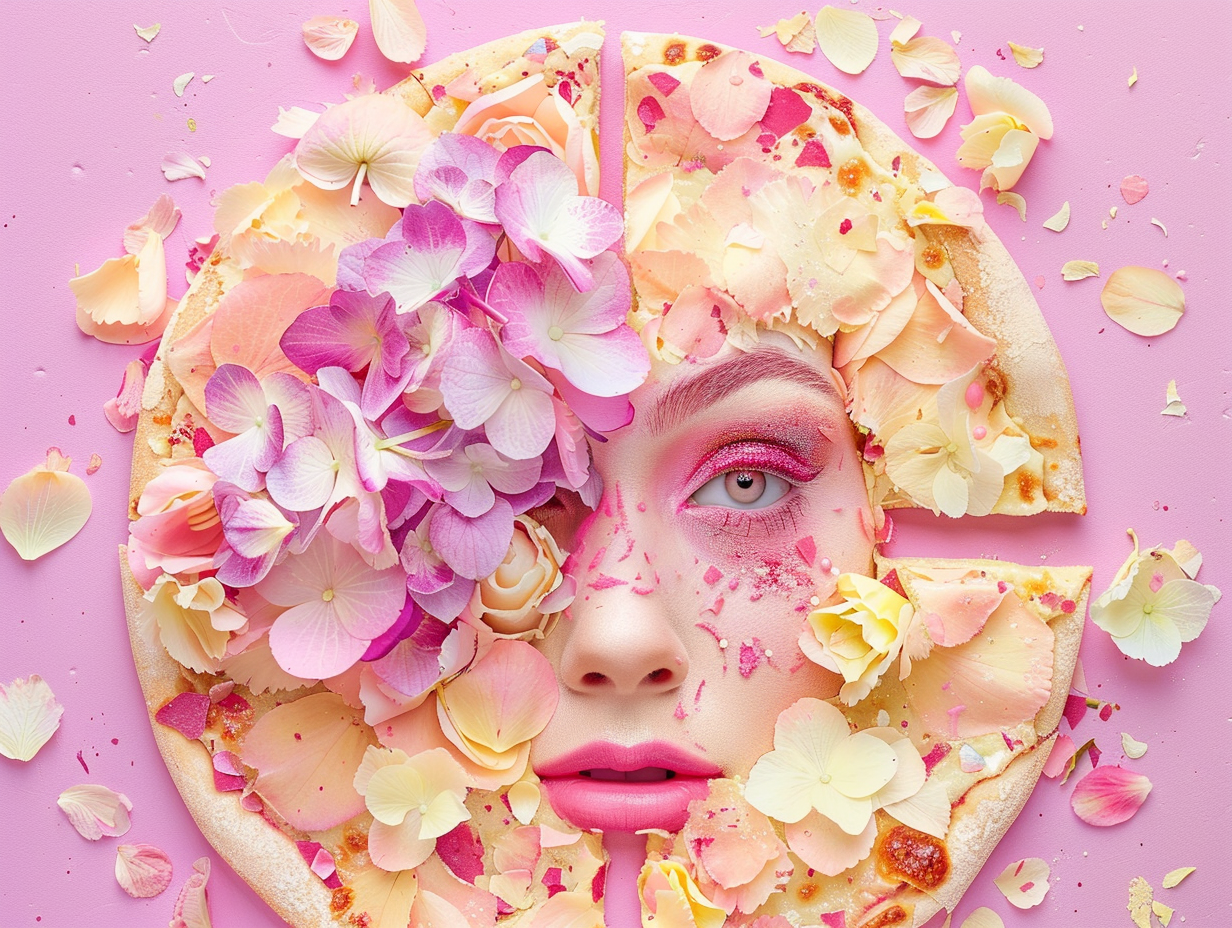 Makeup resembling pizza with hydrangeas