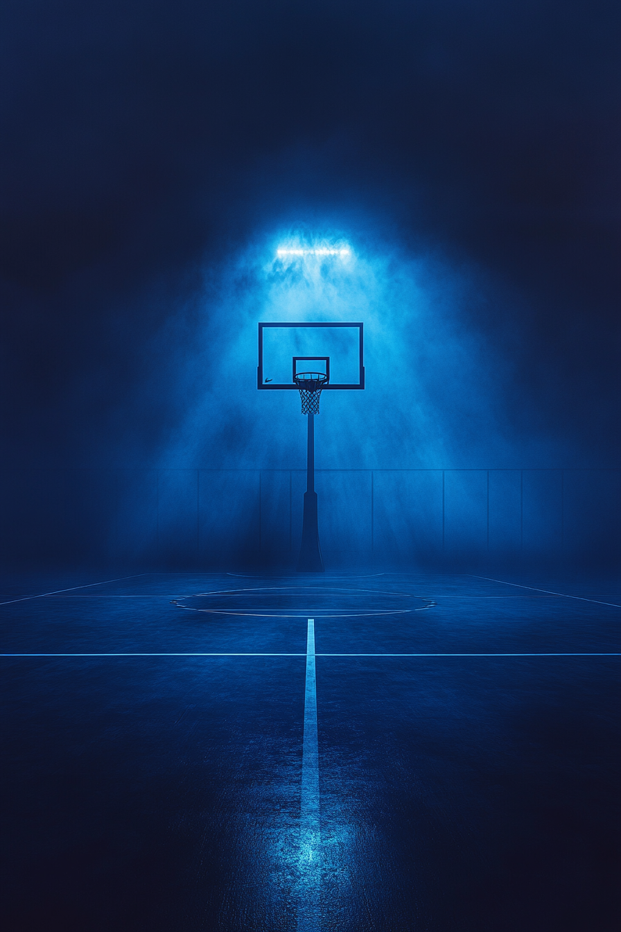 Basketball court immersed in deep blue