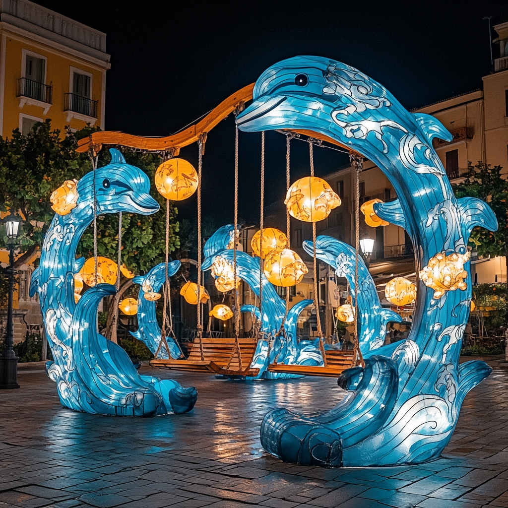 Night Square with Dolphin Lanterns Swing