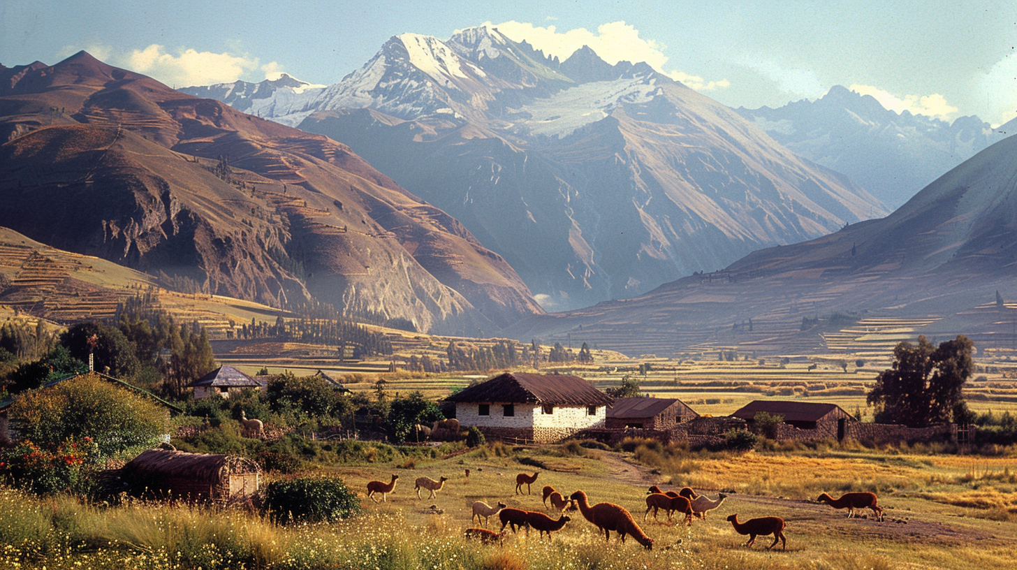 Rural Andes Scene Farmers Llamas