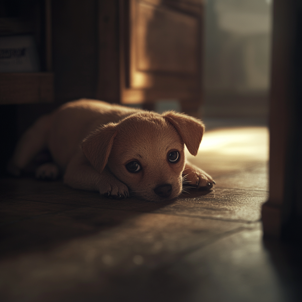 small, sad puppy lying curled up in corner.