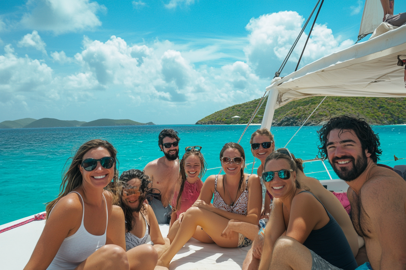 Smiling Group People Catamaran Deck