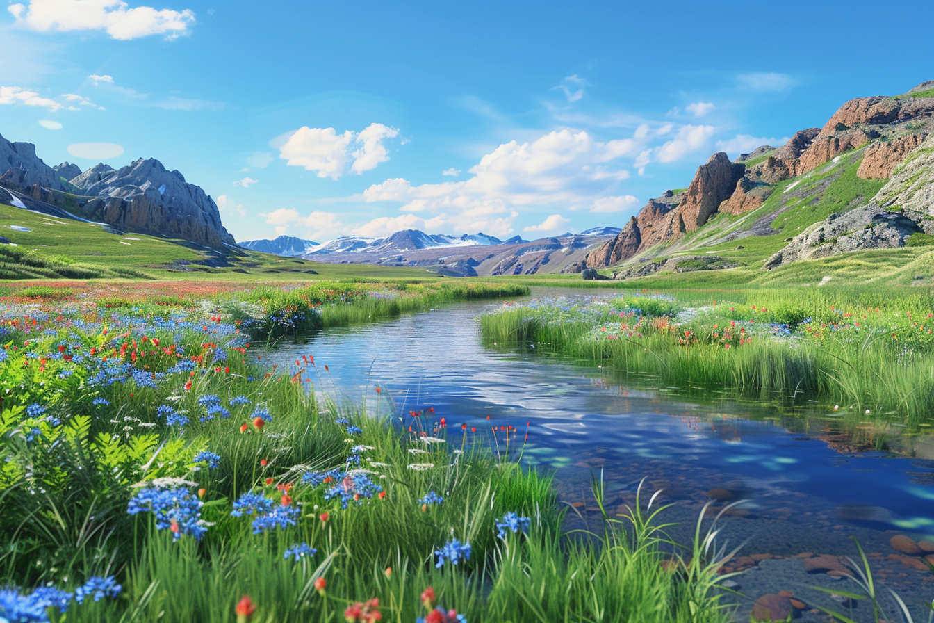 spring valley with green grass, wildflowers, river, cliffs, colors