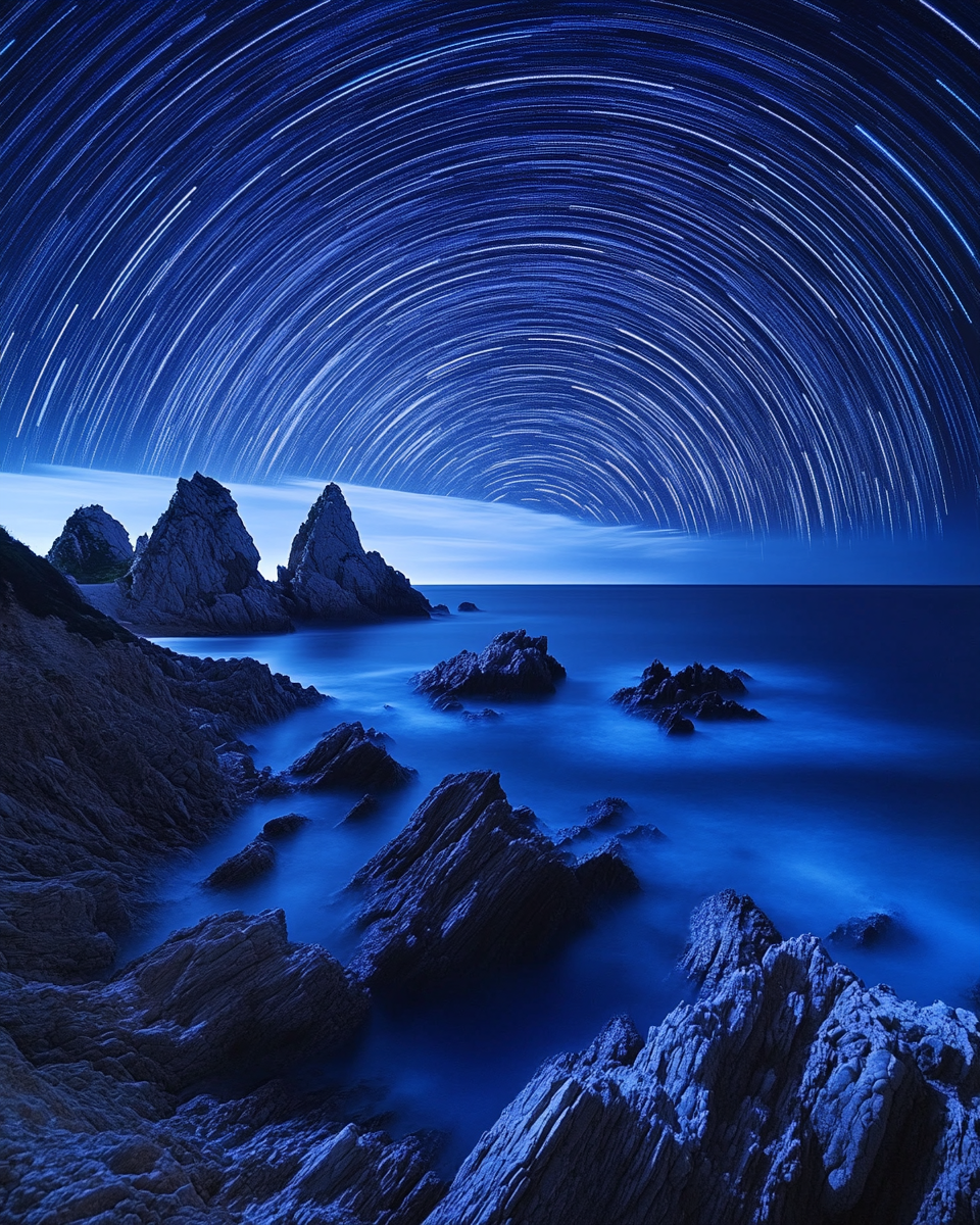 Star trails over sea rocks