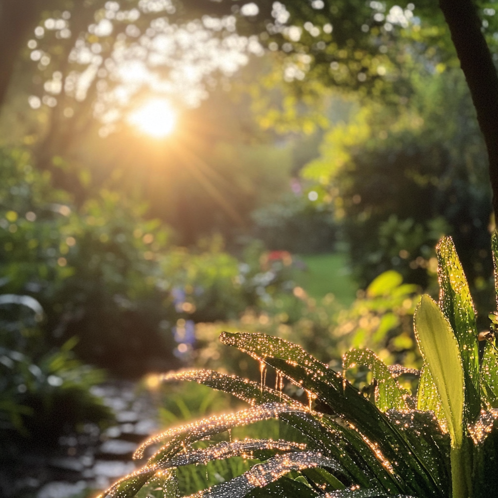 Sunrise garden dewy plants nature