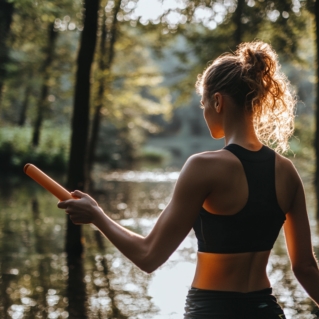 Woman receiving relay baton outdoors