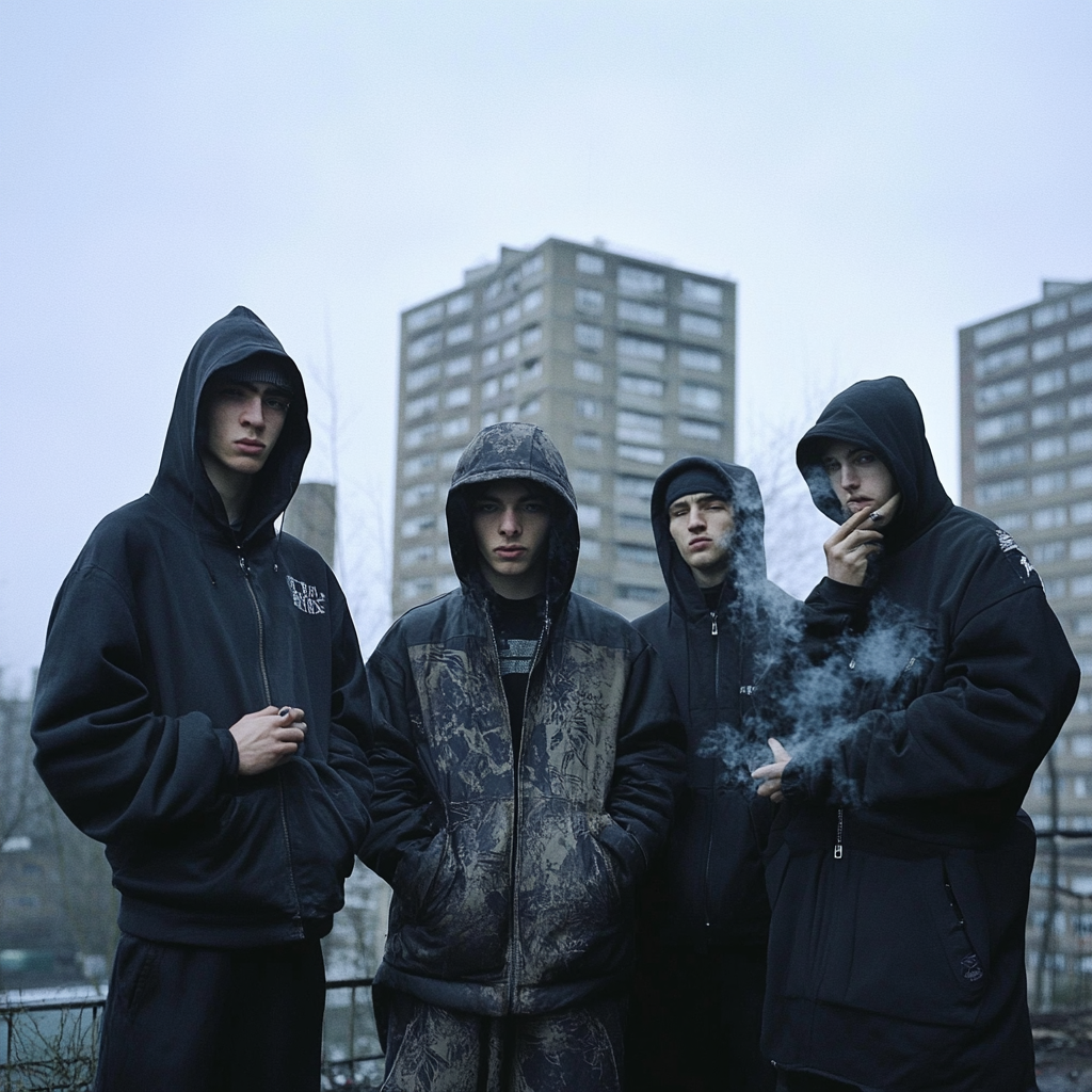  Group of young men in London estate, 2024.