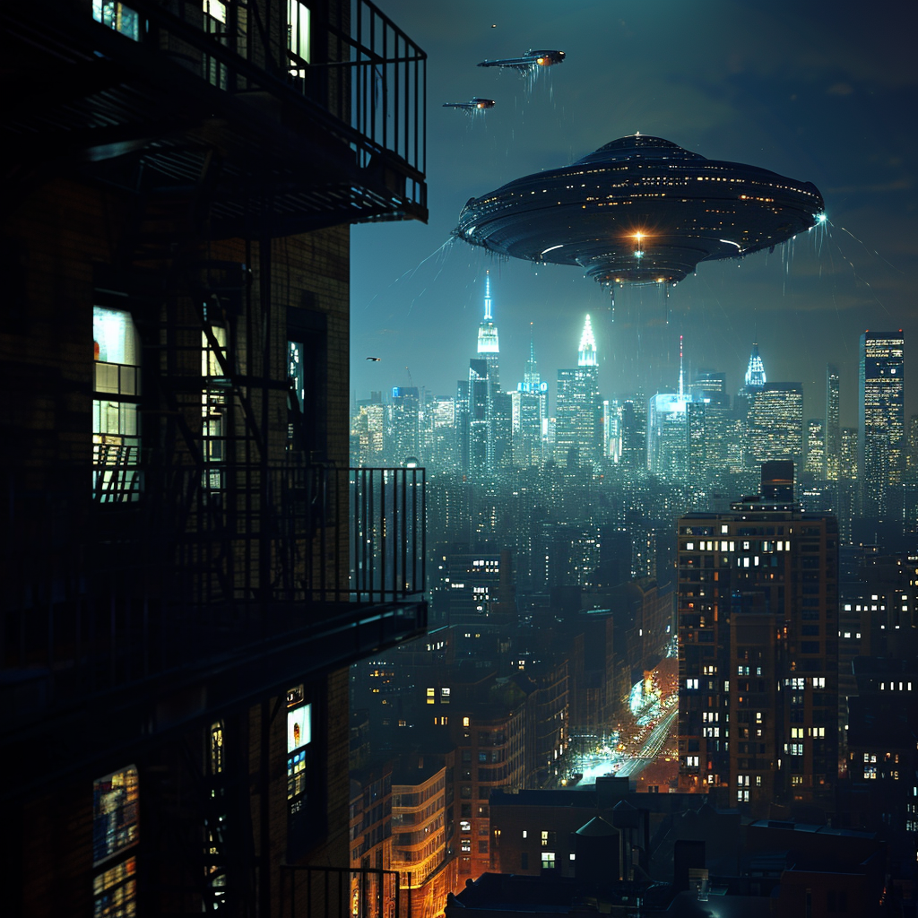 4. Dark night view of alien mothership above NYC