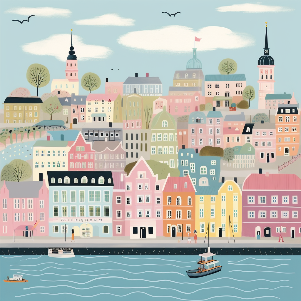 4.  Charming city illustration with pastel colors