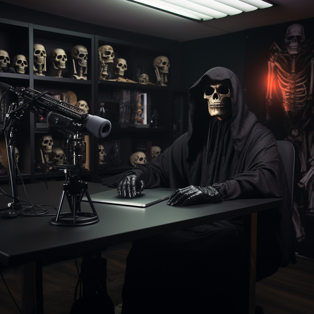 4. Grim Reaper hosting podcast in blue-lit book-filled room