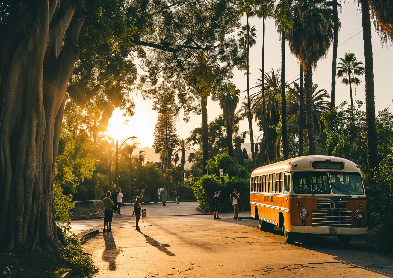 4. Image of a bus in Los Angeles with people and palm trees