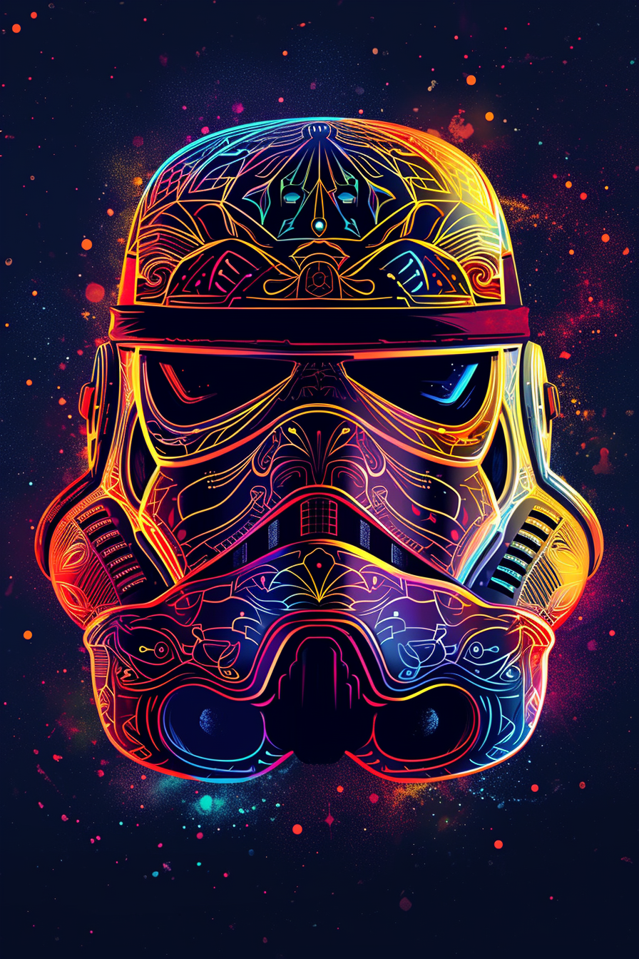 4. Intricate stormtrooper helmet artwork glowing in neon lights.