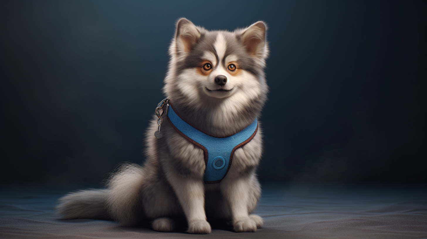 4. Lovable Pomsky with blue harness and captivating eyes