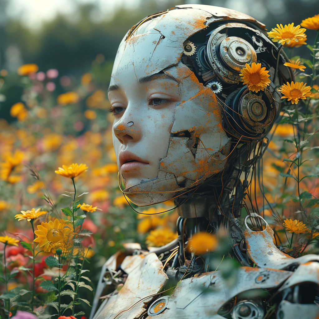 4. Image of a rusty cyborg bride surrounded by flowers