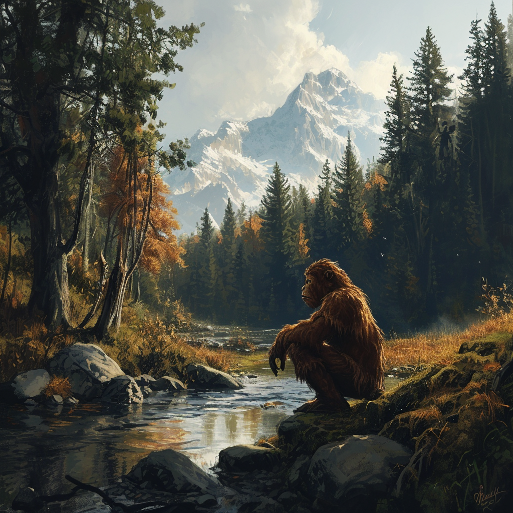 4.  Sasquatch observing fish in mountain stream