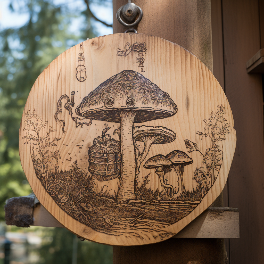 4. Image of a wooden tavern sign with an etching of a pillbug on a mushroom