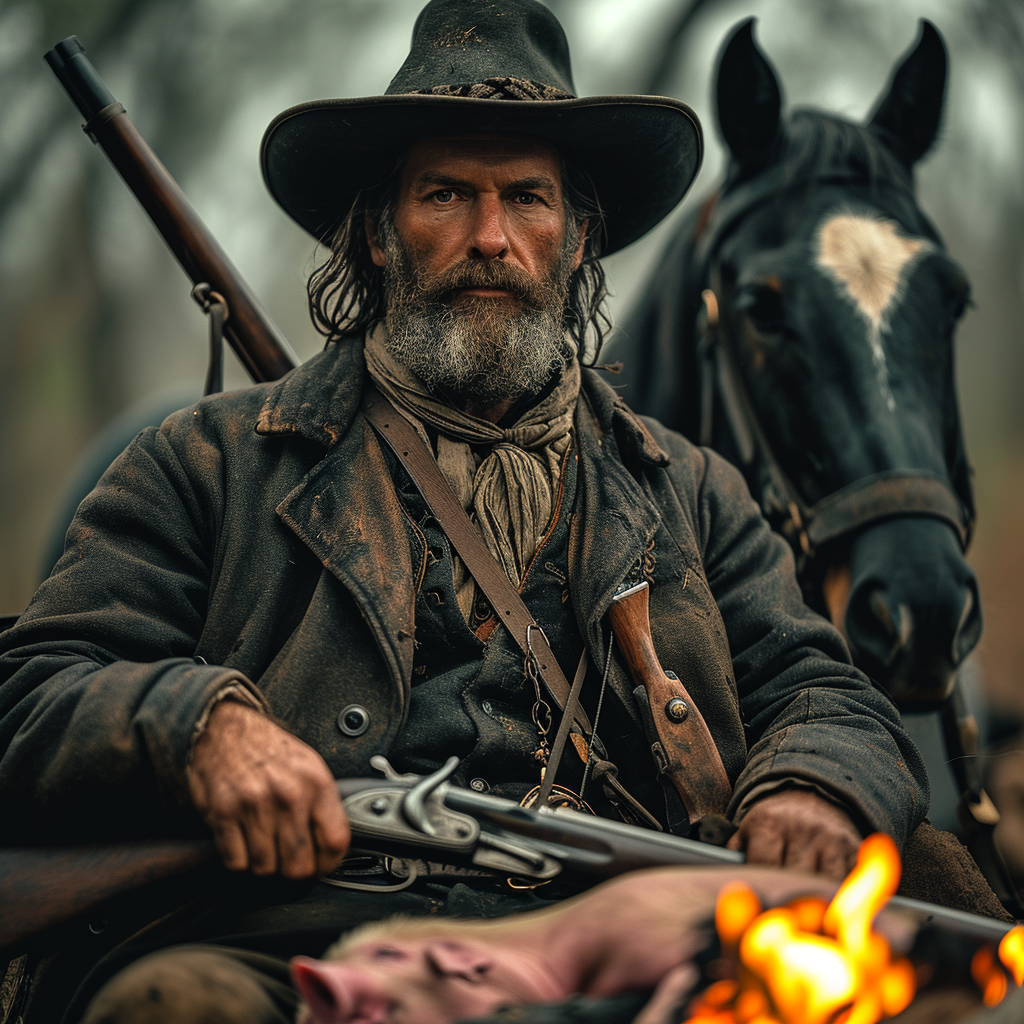 1800s Man with Winchester Rifle by Fire