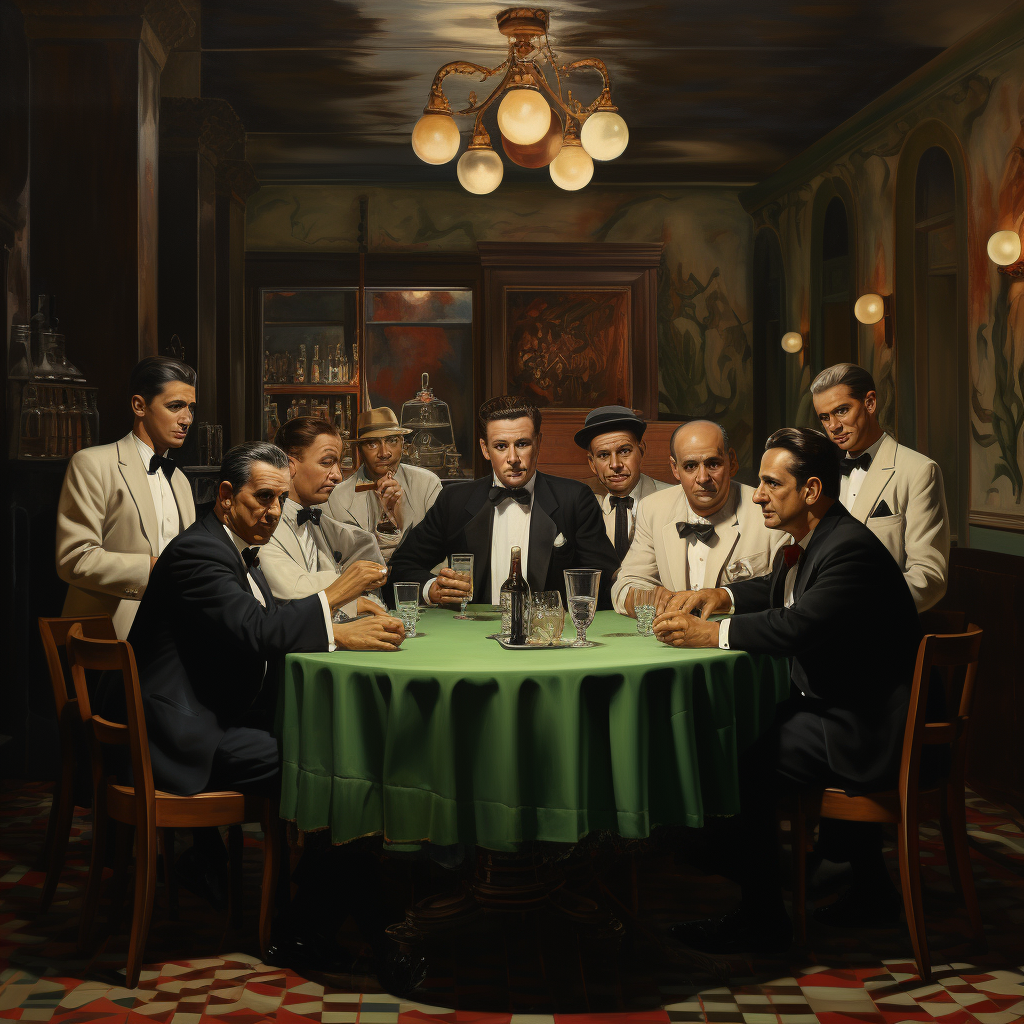 1950s table with mobsters in Italian restaurant