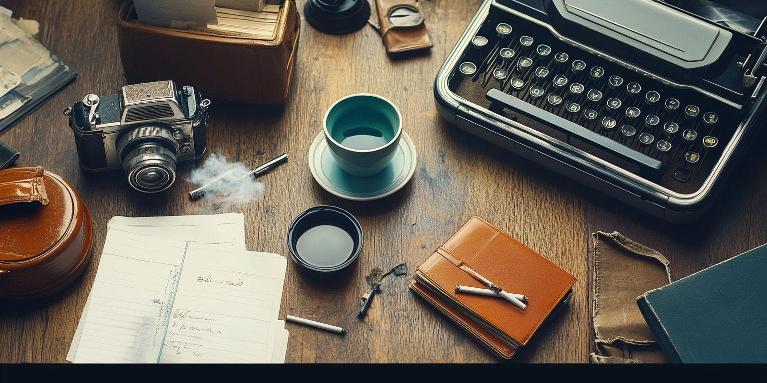 1970s Journalist Table with Coffee, Cigarettes, Typewriter 