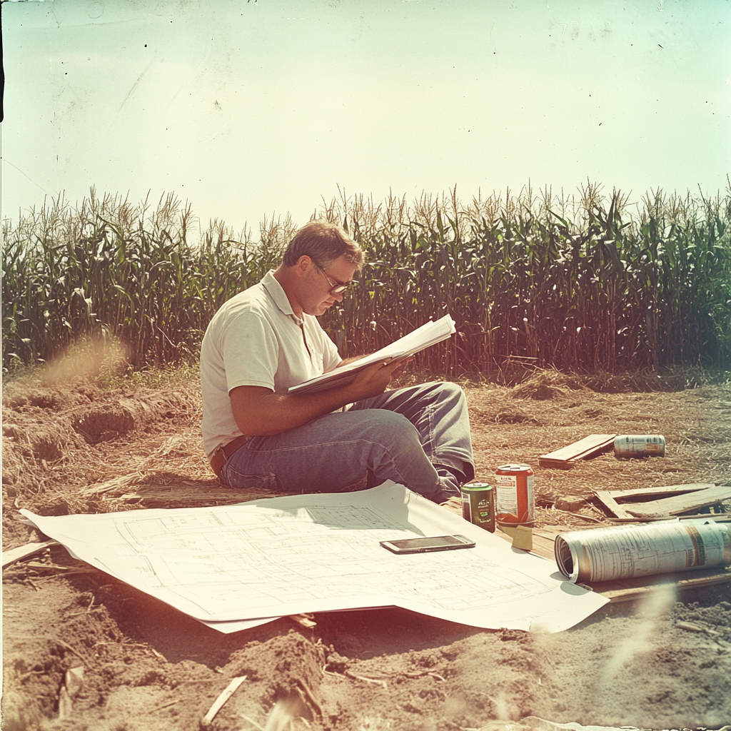 1970s Man Reading Construction Plans in Corn Field Vintage Portrait