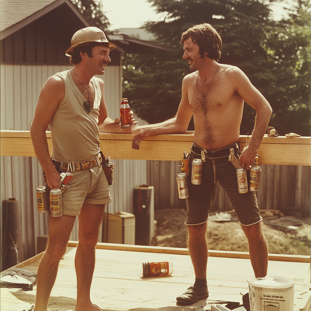 1970s Men Building Deck with Beer Break 