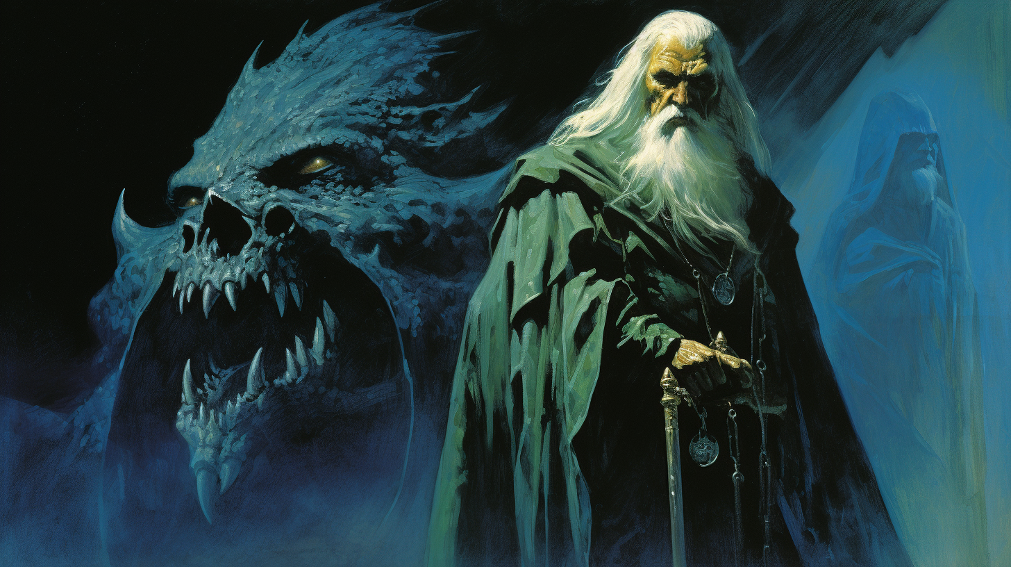 Dark fantasy cover art with old man in black robes