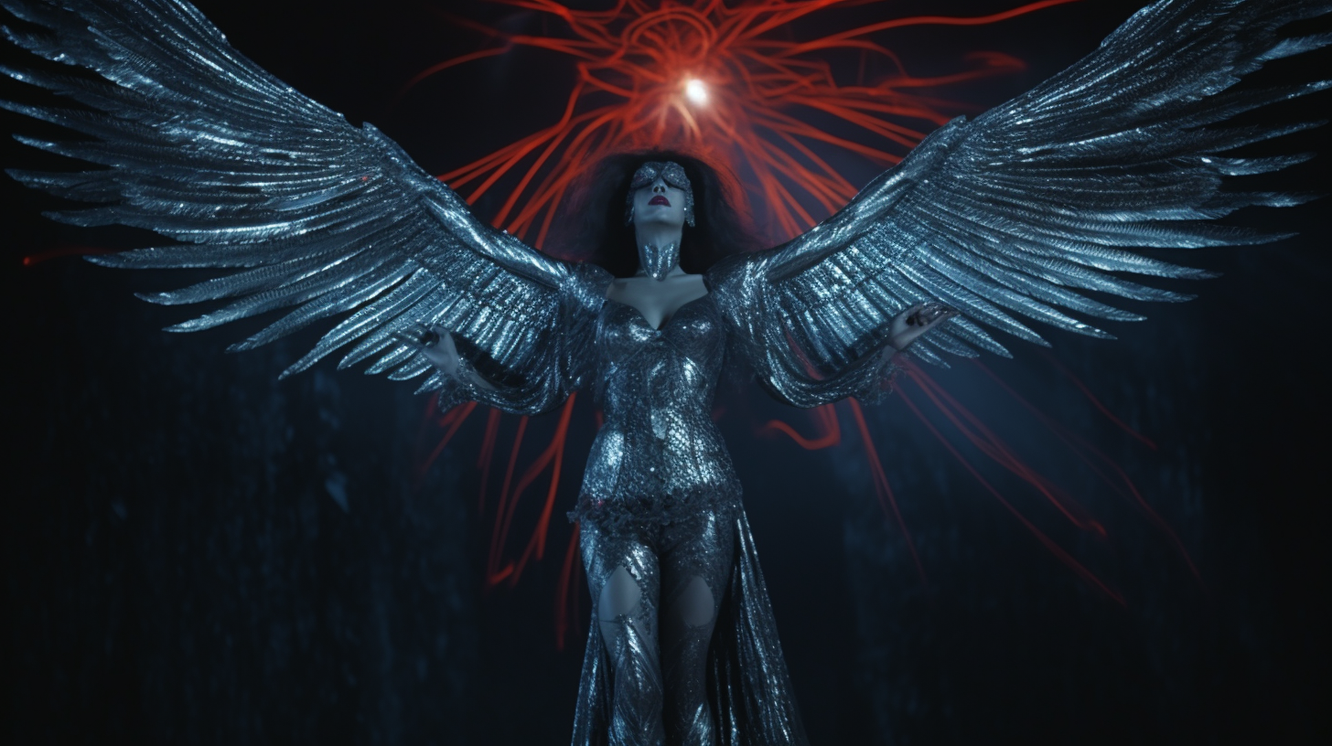 Dark fantasy peacock angel ascending in silver sky