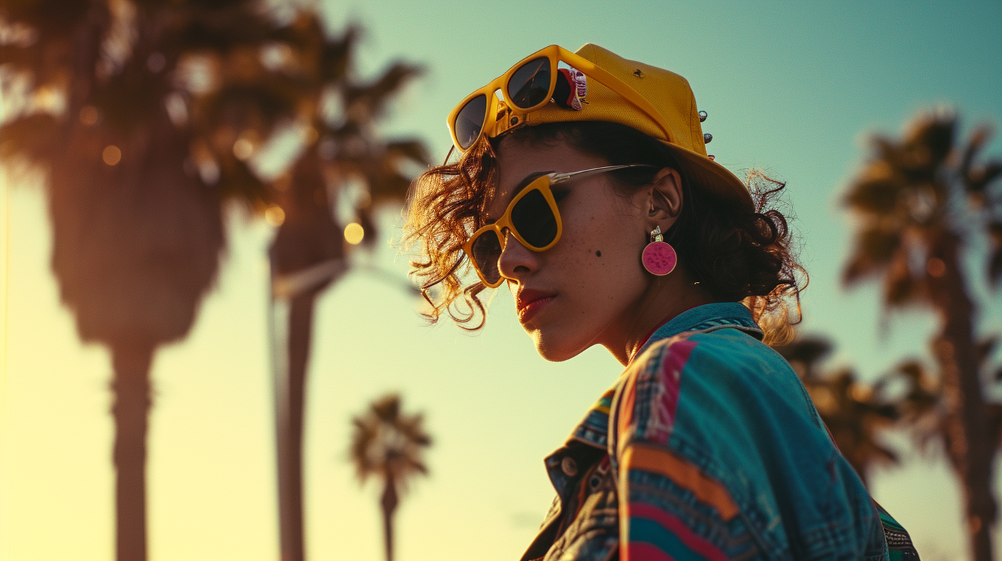 Skater girl in vibrant 1980s street scene